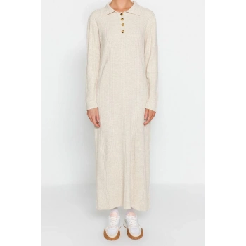 Moda Regular Casual Günlük Ribana Kaşkorse Dokuma V Yaka Uzun Kol A-Line Midi Boy Tesettür Elbise