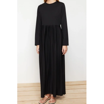 Moda Regular Casual Günlük Scuba Krep Örme Bisiklet Yaka Uzun Kol Basic Maxi Boy Elbise