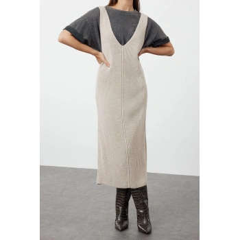 Moda Regular Casual Günlük Dolu İğne Triko V Yaka Uzun Kol Shift Maxi Boy Elbise