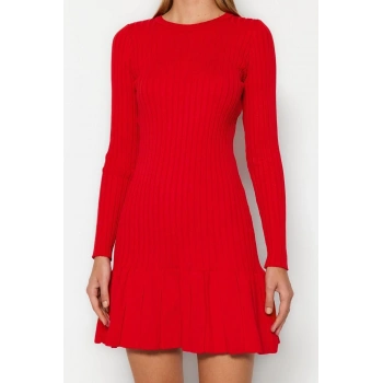 Moda Slim Gündüz Gece Dolu İğne Triko Bisiklet Yaka Uzun Kol A-Line Mini Boy Elbise