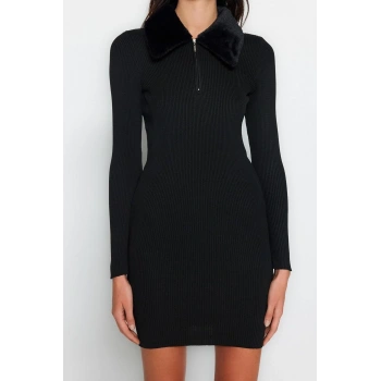 Moda Slim Gündüz Gece Tek Plaka Triko Polo Yaka Uzun Kol Bodycone Mini Boy Elbise
