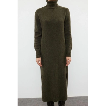 Moda Oversize Casual Günlük Dolu İğne Triko Balıkçı Yaka Uzun Kol Shift Midi Boy Elbise