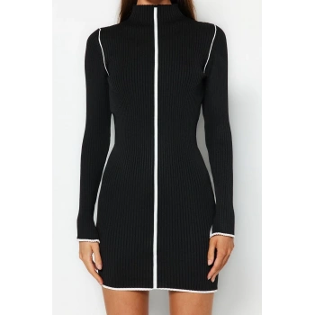 Moda Slim Casual Günlük Fitilli Triko Dik Yaka Uzun Kol Bodycone Mini Boy Elbise