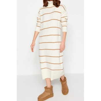 Moda Oversize Casual Günlük Çift Plaka Triko Balıkçı Yaka Uzun Kol Shift Maxi Boy Elbise