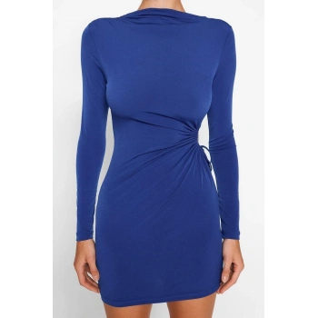 Moda Fit Mezuniyet Balo Sandy Örme Kayık Yaka Uzun Kol Bodycone Mini Boy Elbise