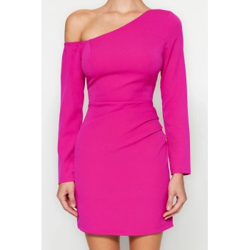 Moda Fit Mezuniyet Balo Finike Dokuma Asimetrik Yaka Uzun Kol Bodycone Mini Boy Elbise