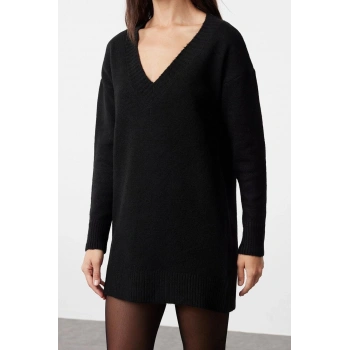 Moda Oversize Casual Günlük Dolu İğne Triko V Yaka Uzun Kol Kazak Elbise Mini Boy Elbise