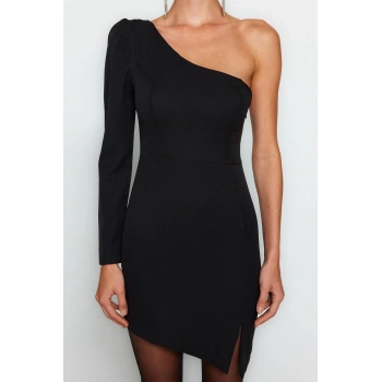 Moda Fit Mezuniyet Balo Finike Dokuma Asimetrik Yaka Kısa Kol Bodycone Kısa Boy Elbise