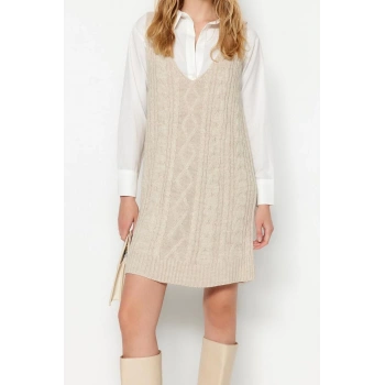 Moda Regular Casual Günlük Çift Plaka Triko V Yaka Askılı Kol Jile Mini Boy Elbise