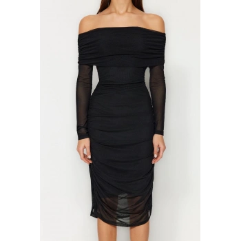 Moda Slim Gündüz Gece Tül Örme Carmen Yaka Uzun Kol Bodycone Midi Boy Elbise