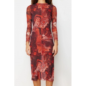 Moda Slim Gündüz Gece Tül Örme Dik Yaka Uzun Kol Bodycone Midi Boy Elbise