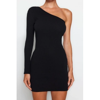 Moda Slim Casual Günlük Rejenere Kaşkorse Örme Asimetrik Yaka Uzun Kol Bodycone Mini Boy Elbise