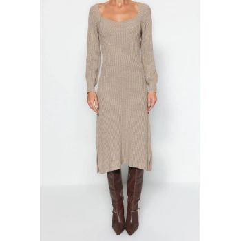 Moda Slim Casual Günlük Tek Plaka Triko Kalp Yaka Uzun Kol Basic Midi Boy Elbise