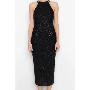 Moda Regular Mezuniyet Balo Payet Örme Halter Yaka Kolsuz Kol Bodycone Midi Boy Elbise