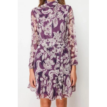 Moda Regular Gündüz Gece Şifon Dokuma Dik Yaka Uzun Kol Skater Mini Boy Elbise