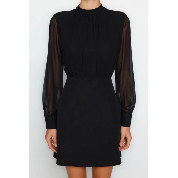 Moda Fit Gündüz Gece Finike Dokuma Dik Yaka Uzun Kol Bodycone Mini Boy Elbise