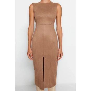 Moda Fit Gündüz Gece Süet Dokuma Bisiklet Yaka Kolsuz Kol Bodycone Midi Boy Elbise