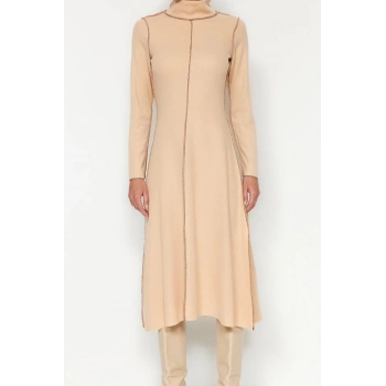 Moda Regular Casual Günlük Selanik Örme Dik Yaka Uzun Kol A-Line Midi Boy Elbise