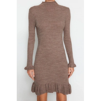 Moda Regular Casual Günlük Tek Plaka Triko Dik Yaka Uzun Kol Shift Mini Boy Elbise