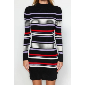 Moda Regular Casual Günlük Çift Plaka Triko Dik Yaka Uzun Kol Shift Mini Boy Elbise