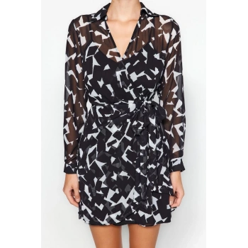 Moda Regular Gündüz Gece Şifon Dokuma Gömlek Yaka Uzun Kol Kruvaze Mini Boy Elbise