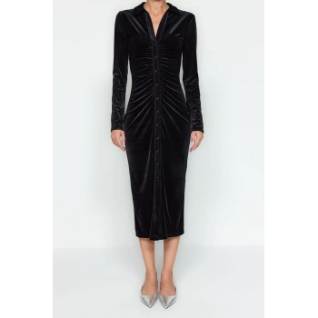 Moda Slim Casual Günlük Kadife Örme Polo Yaka Uzun Kol Bodycone Midi Boy Elbise