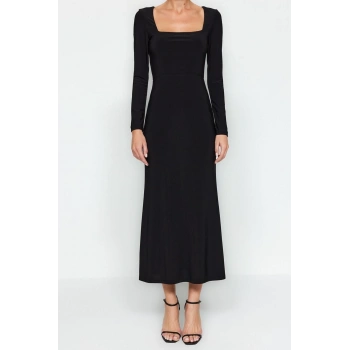 Moda Slim Gündüz Gece Sandy Örme Kare Yaka Uzun Kol A-Line Maxi Boy Elbise