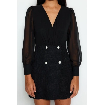 Moda Regular Business Tüvit Dokuma V Yaka Uzun Kol Ceket Elbise Mini Boy Elbise