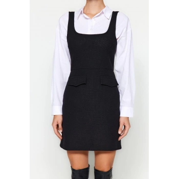 Moda Regular Casual Günlük Tüvit Dokuma Kare Yaka Askılı Kol Jile Mini Boy Elbise