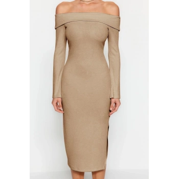 Moda Slim Gündüz Gece Kaşkorse Örme Carmen Yaka Uzun Kol Bodycone Maxi Boy Elbise