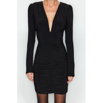 Moda Slim Gündüz Gece Kalın Sandy Örme V Yaka Uzun Kol Bodycone Mini Boy Elbise