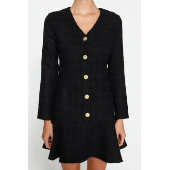 Moda Regular Casual Günlük Tüvit Dokuma V Yaka Uzun Kol Skater Mini Boy Elbise