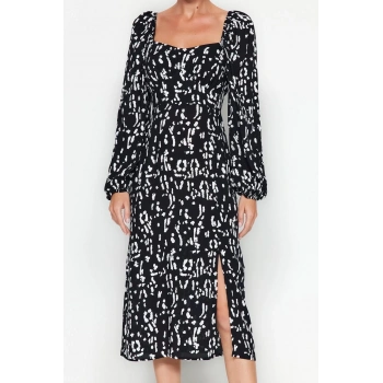 Moda Regular Casual Günlük Shally Dokuma Kalp Yaka Uzun Kol A-Line Midi Boy Elbise