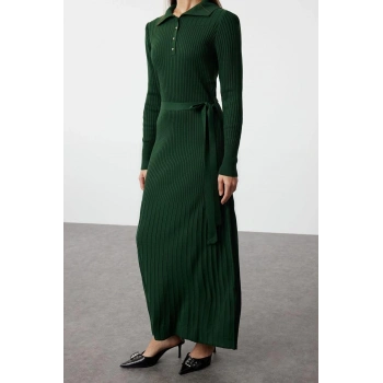 Moda Fit Casual Günlük Ribana Kaşkorse Triko Polo Yaka Uzun Kol Balık Maxi Boy Tesettür Elbise