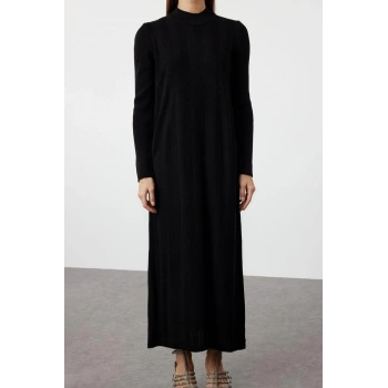 Moda Rahat Casual Günlük Saç Örgü Triko Yarım Balıkçı Yaka Uzun Kol Shift Maxi Boy Tesettür Elbise