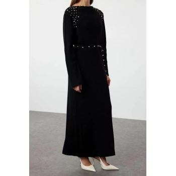 Moda Regular Günlük Ribana Kaşkorse Triko Bisiklet Yaka Uzun Kol Shift Maxi Boy Tesettür Elbise