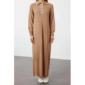 Moda Rahat Casual Günlük Tek Plaka Triko Bisiklet Yaka Uzun Kol Shift Maxi Boy Tesettür Elbise