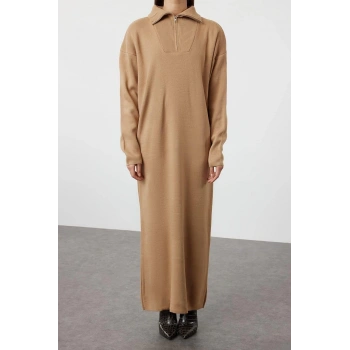 Moda Rahat Casual Günlük Çift Plaka Triko Dik Yaka Uzun Kol Shift Maxi Boy Tesettür Elbise