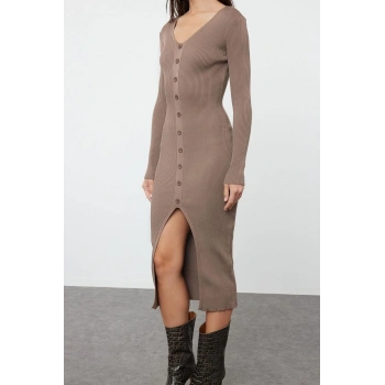 Moda Regular Gündüz Gece Tek Plaka Triko V Yaka Uzun Kol Bodycone Maxi Boy Elbise