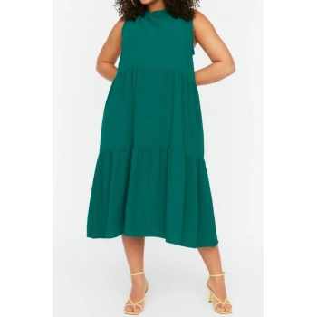 Moda Rahat Casual Günlük Aerobin Dokuma Bisiklet Yaka Kolsuz Kol Smock Maxi Boy Büyük Beden Elbise