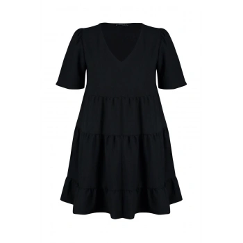 Moda Rahat Casual Günlük Aerobin Dokuma V Yaka Kısa Kol Smock Mini Boy Büyük Beden Elbise