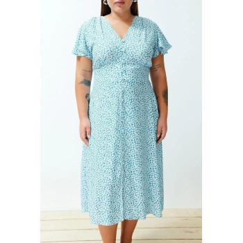 Moda Rahat Casual Günlük Shally Dokuma V Yaka Kısa Kol A-Line Maxi Boy Büyük Beden Elbise