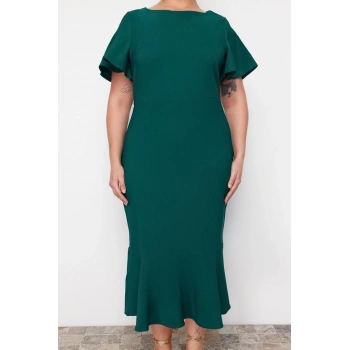 Moda Fit Gündüz Gece Finike Dokuma Bisiklet Yaka Kısa Kol Bodycone Midi Boy Büyük Beden Elbise