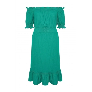 Moda Rahat Casual Günlük Shally Dokuma Carmen Yaka Kısa Kol A-Line Midi Boy Büyük Beden Elbise