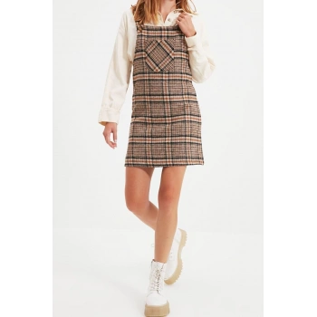 Moda Fit Casual Günlük Flanel Dokuma Kare Yaka Askılı Kol Jile Mini Boy Elbise