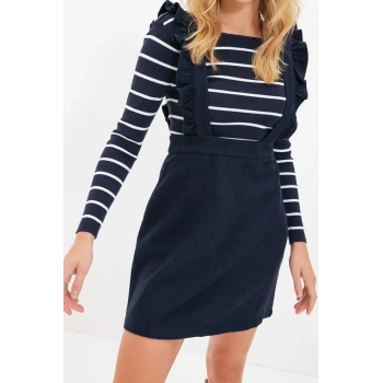 Moda Regular Casual Günlük Flanel Dokuma Kare Yaka Askılı Kol Jile Mini Boy Elbise