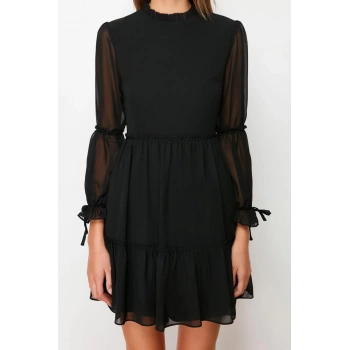 Moda Regular Gündüz Gece Şifon Dokuma Dik Yaka Uzun Kol Skater Mini Boy Elbise