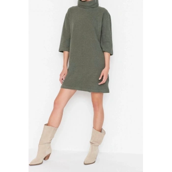 Moda Rahat Casual Günlük Selanik Örme Balıkçı Yaka Truvakar Kol Kol Shift Mini Boy Elbise