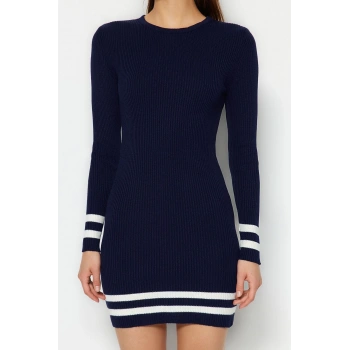 Moda Slim Casual Günlük Tek Plaka Triko Bisiklet Yaka Uzun Kol Bodycone Mini Boy Elbise