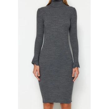 Moda Slim Casual Günlük Fitilli Triko Balıkçı Yaka Uzun Kol Bodycone Mini Boy Elbise